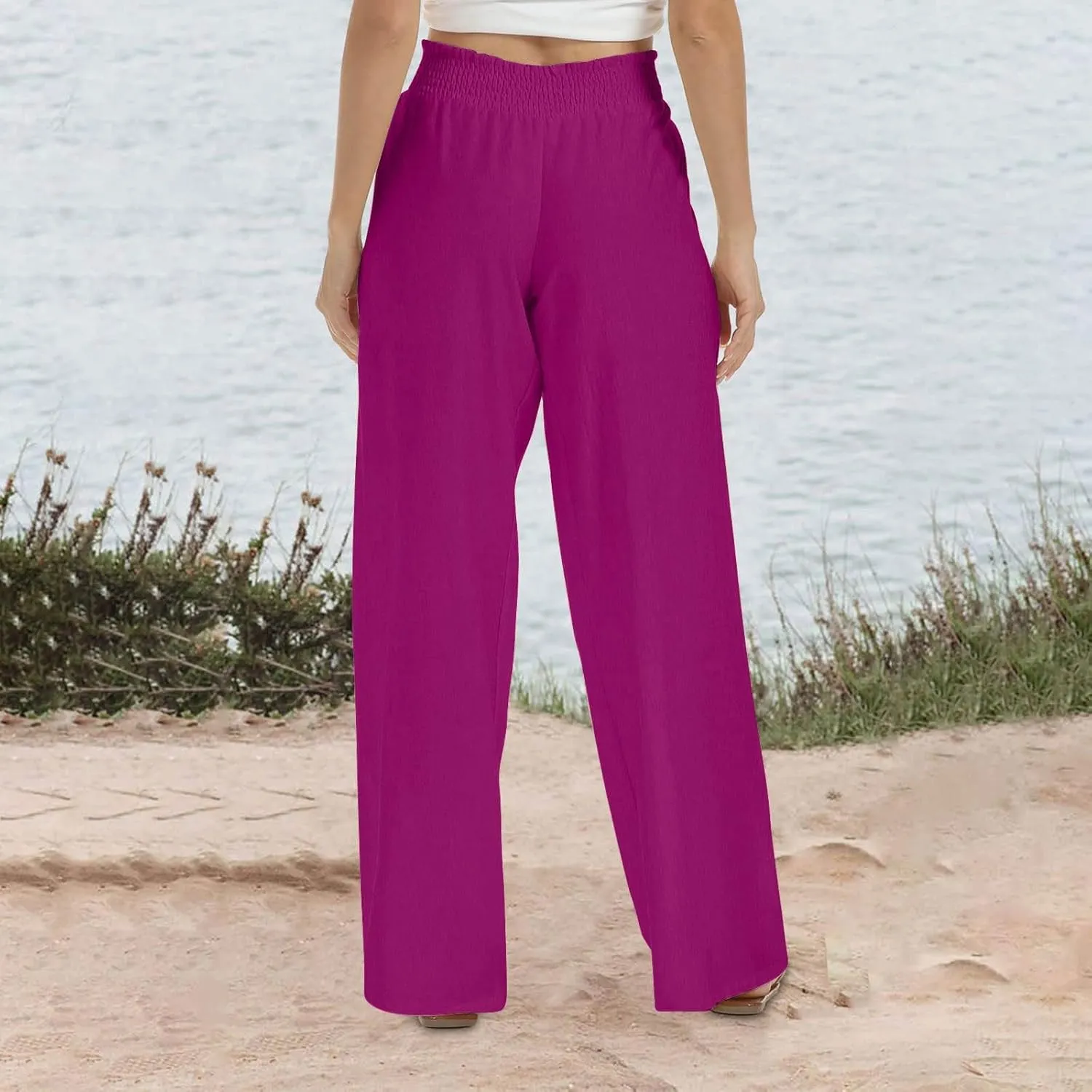 Lastesso Linen Pants Women Trendy High Waist Wide Leg Trousers with Pockets Loose Comfy Cotton Linen Lounge Homewaer Pants