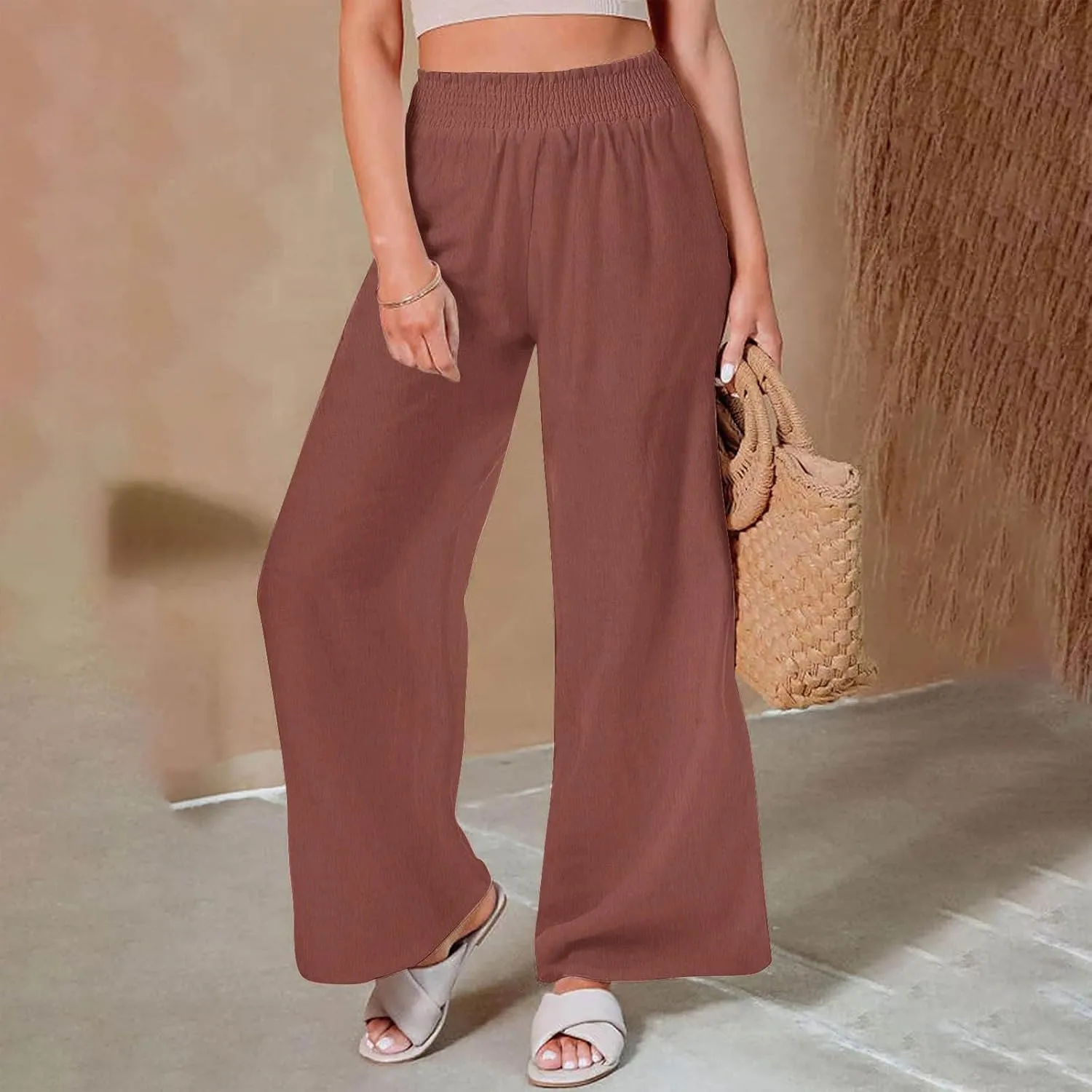 Lastesso Linen Pants Women Trendy High Waist Wide Leg Trousers with Pockets Loose Comfy Cotton Linen Lounge Homewaer Pants