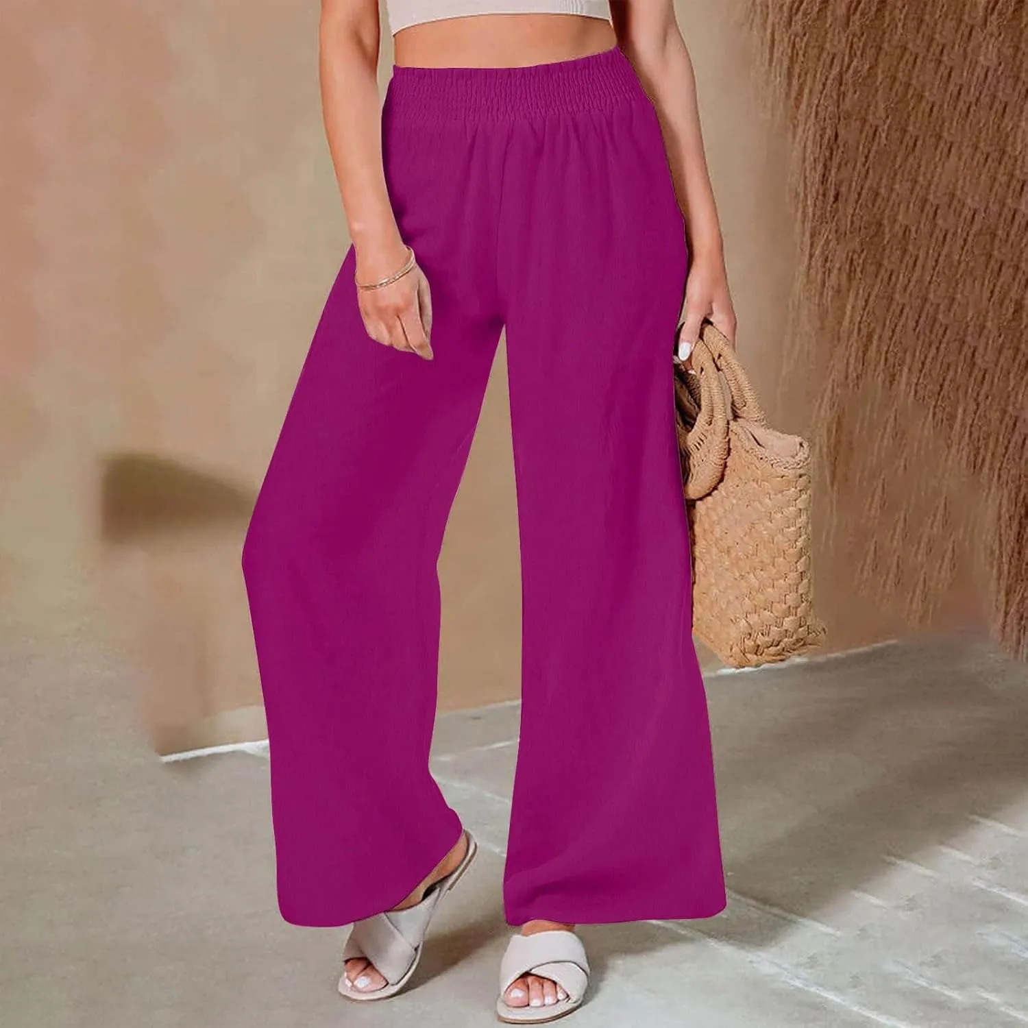 Lastesso Linen Pants Women Trendy High Waist Wide Leg Trousers with Pockets Loose Comfy Cotton Linen Lounge Homewaer Pants
