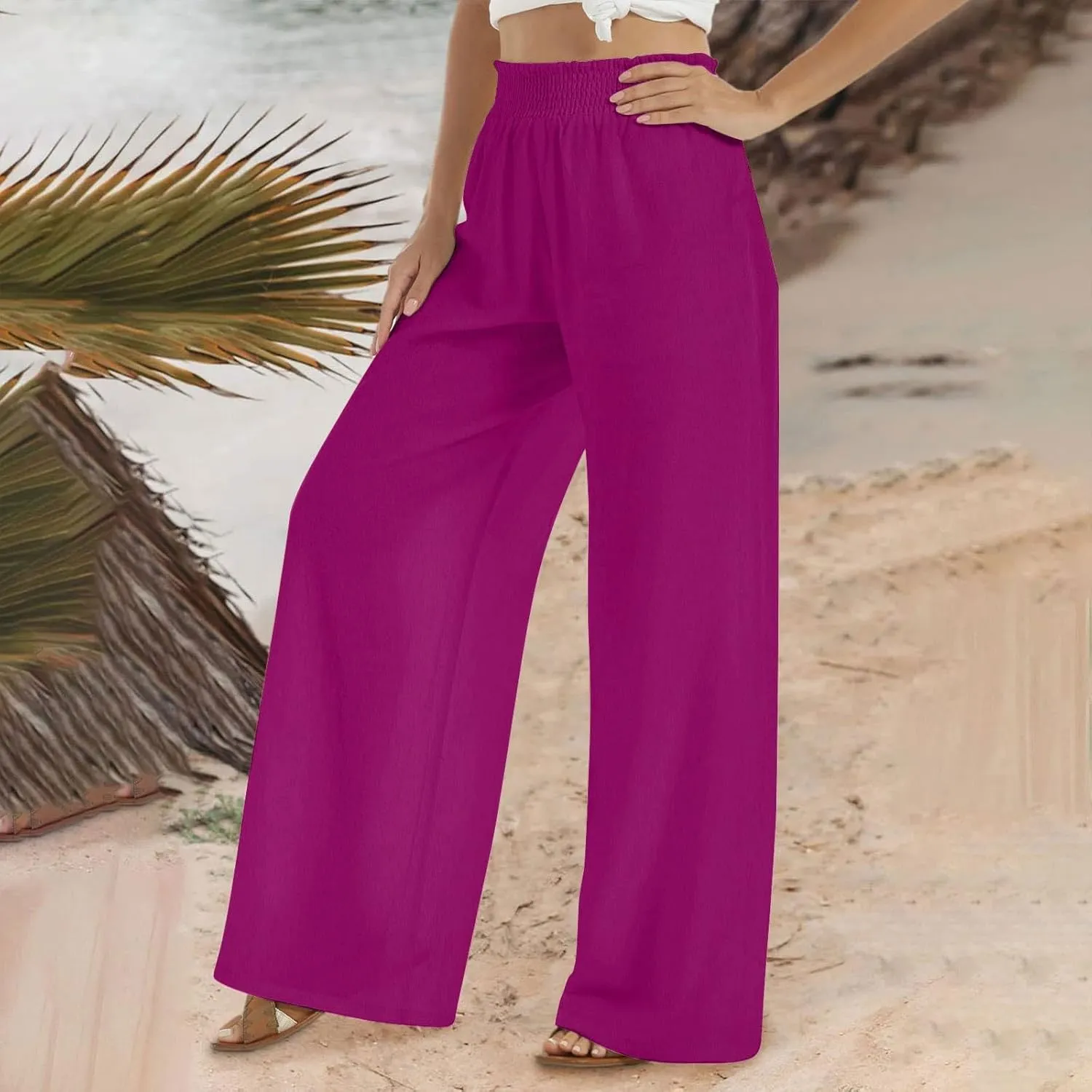 Lastesso Linen Pants Women Trendy High Waist Wide Leg Trousers with Pockets Loose Comfy Cotton Linen Lounge Homewaer Pants