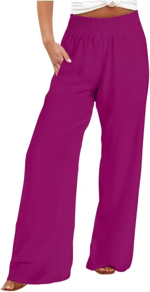 Lastesso Linen Pants Women Trendy High Waist Wide Leg Trousers with Pockets Loose Comfy Cotton Linen Lounge Homewaer Pants