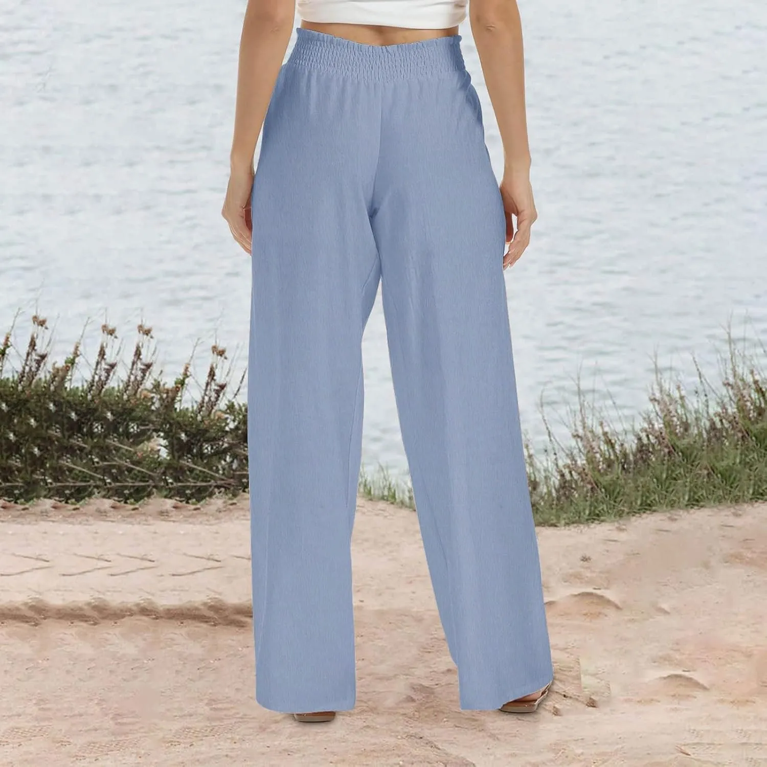 Lastesso Linen Pants Women Trendy High Waist Wide Leg Trousers with Pockets Loose Comfy Cotton Linen Lounge Homewaer Pants