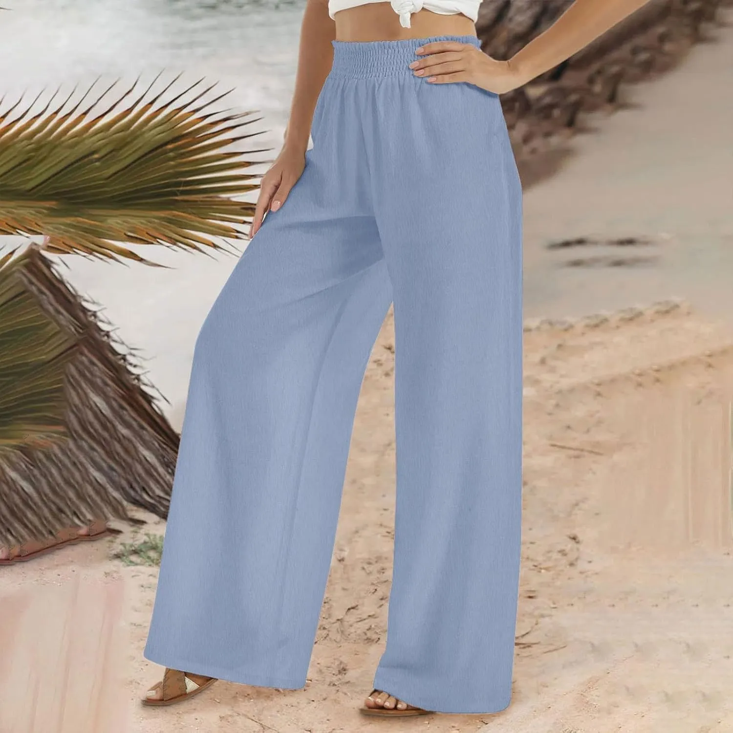 Lastesso Linen Pants Women Trendy High Waist Wide Leg Trousers with Pockets Loose Comfy Cotton Linen Lounge Homewaer Pants