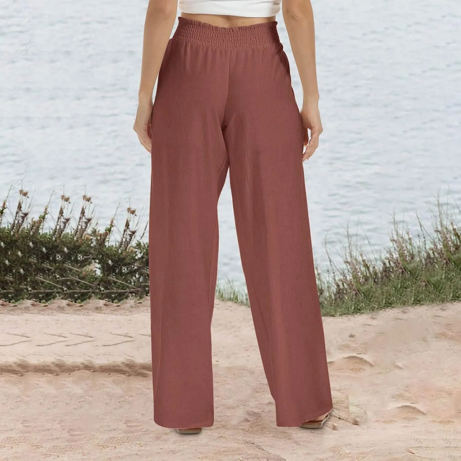 Lastesso Linen Pants Women Trendy High Waist Wide Leg Trousers with Pockets Loose Comfy Cotton Linen Lounge Homewaer Pants