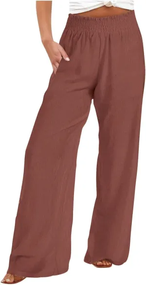 Lastesso Linen Pants Women Trendy High Waist Wide Leg Trousers with Pockets Loose Comfy Cotton Linen Lounge Homewaer Pants