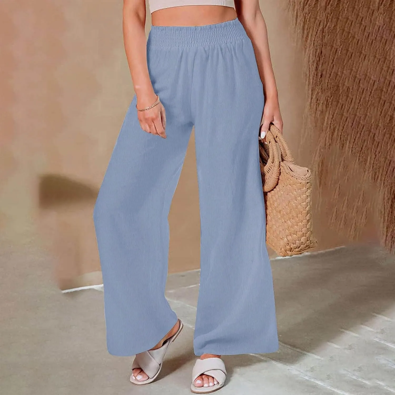 Lastesso Linen Pants Women Trendy High Waist Wide Leg Trousers with Pockets Loose Comfy Cotton Linen Lounge Homewaer Pants