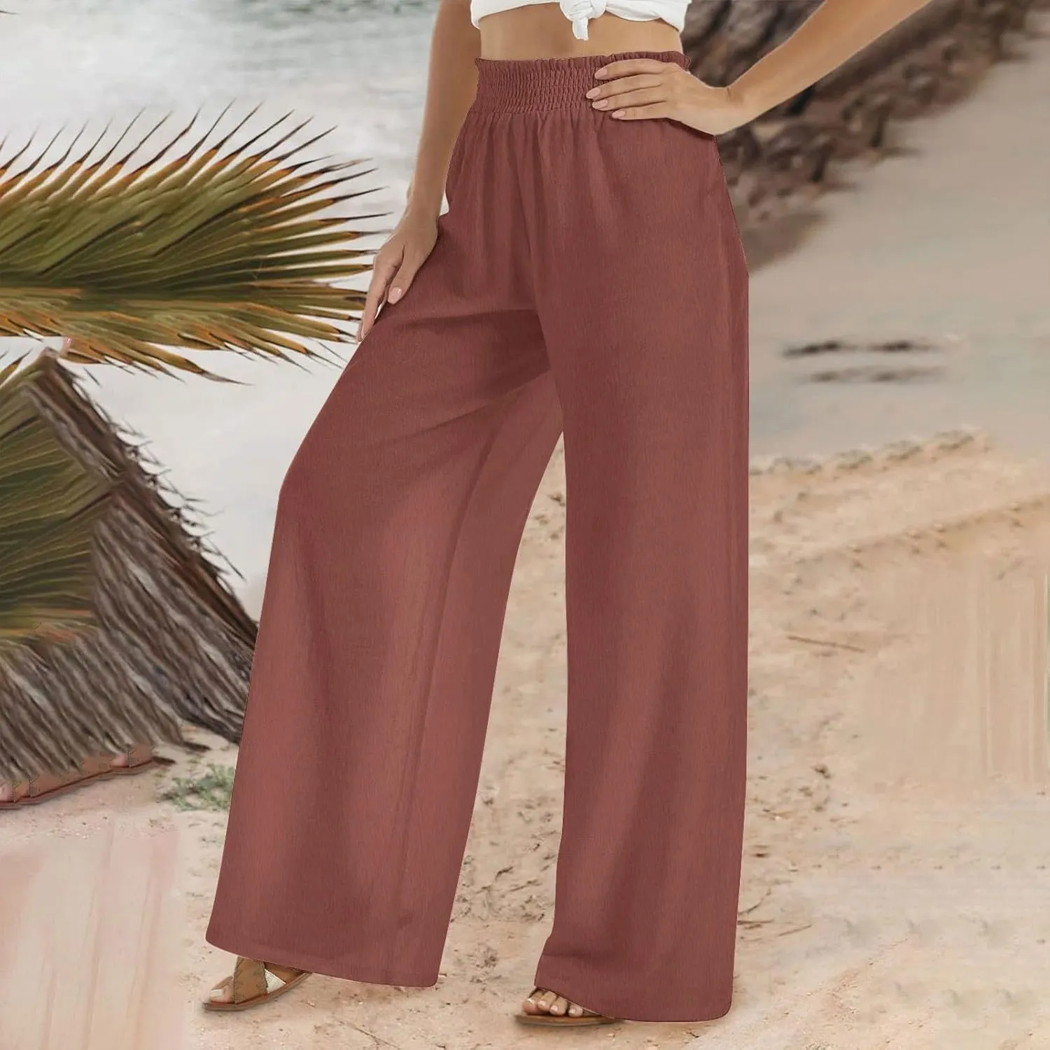 Lastesso Linen Pants Women Trendy High Waist Wide Leg Trousers with Pockets Loose Comfy Cotton Linen Lounge Homewaer Pants