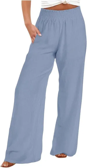 Lastesso Linen Pants Women Trendy High Waist Wide Leg Trousers with Pockets Loose Comfy Cotton Linen Lounge Homewaer Pants