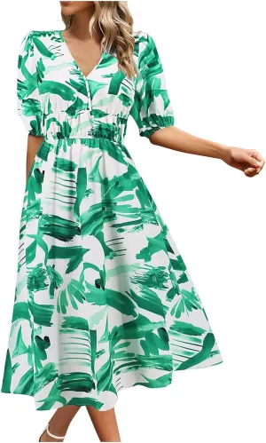 Lastesso Sundresses for Women Floar Print Flowy Maxi Dresses Casual V Neck Short Sleeve Outfits Summer Beach Sun Dresses