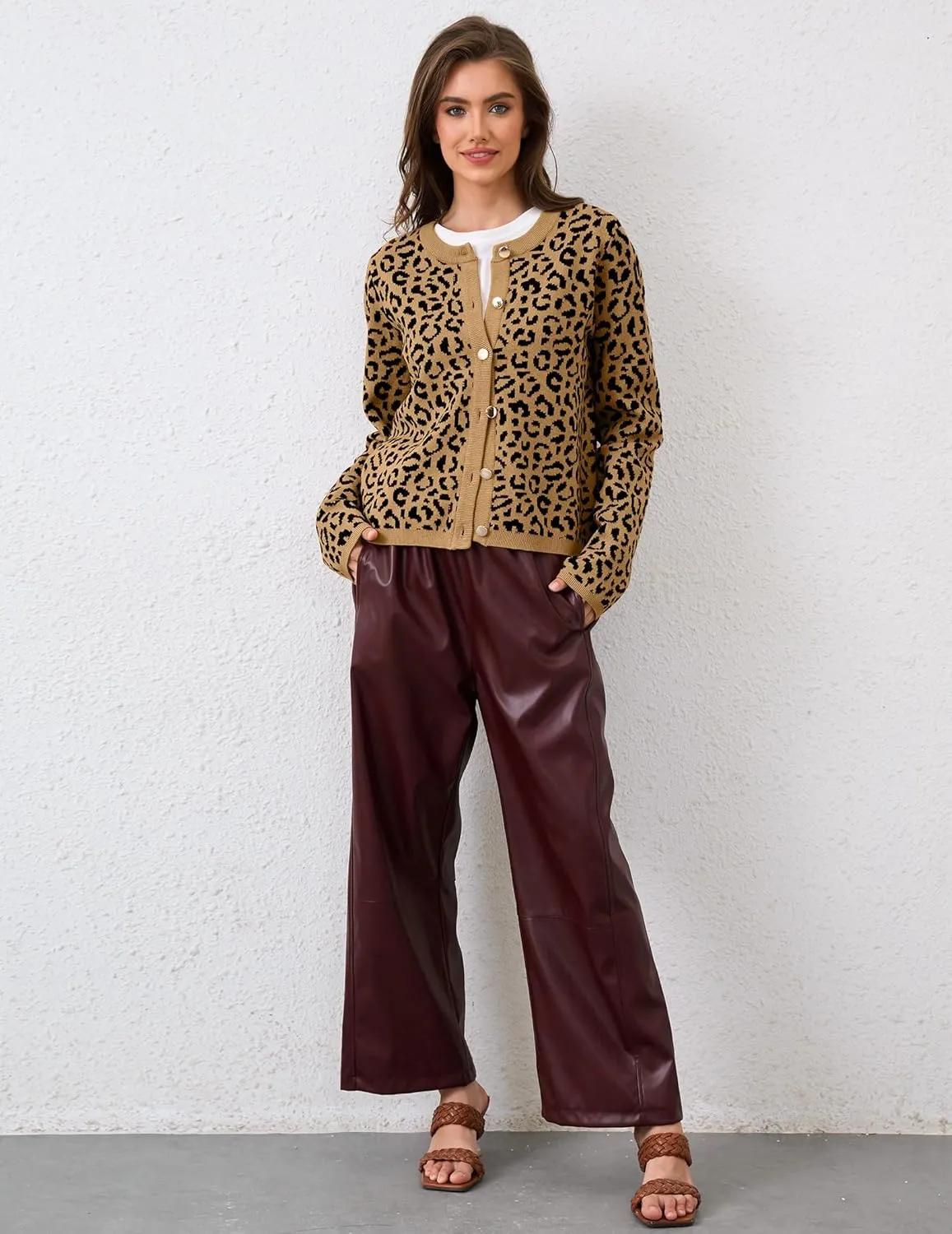 Leopard Cardigan Long Sleeve Open Front Button Up Cheetah Print Top Leopard Sweater Coat Cropped Cardigan Jackets