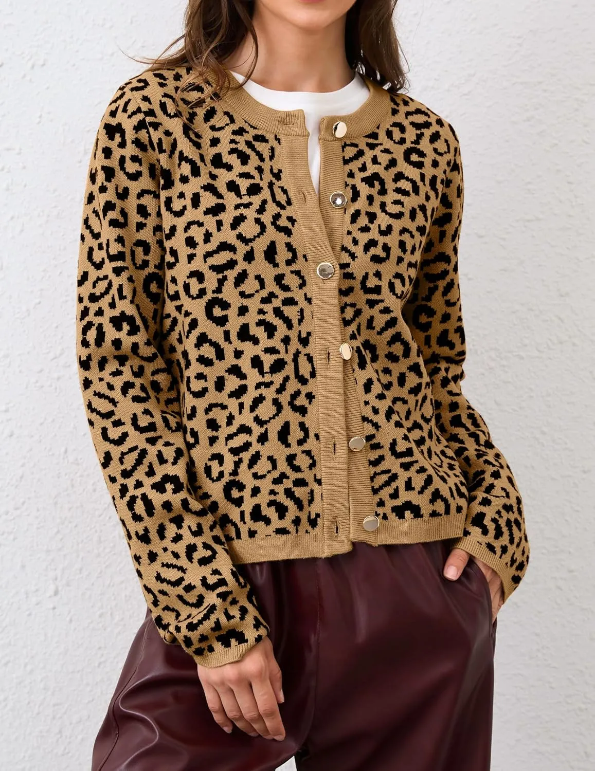 Leopard Cardigan Long Sleeve Open Front Button Up Cheetah Print Top Leopard Sweater Coat Cropped Cardigan Jackets