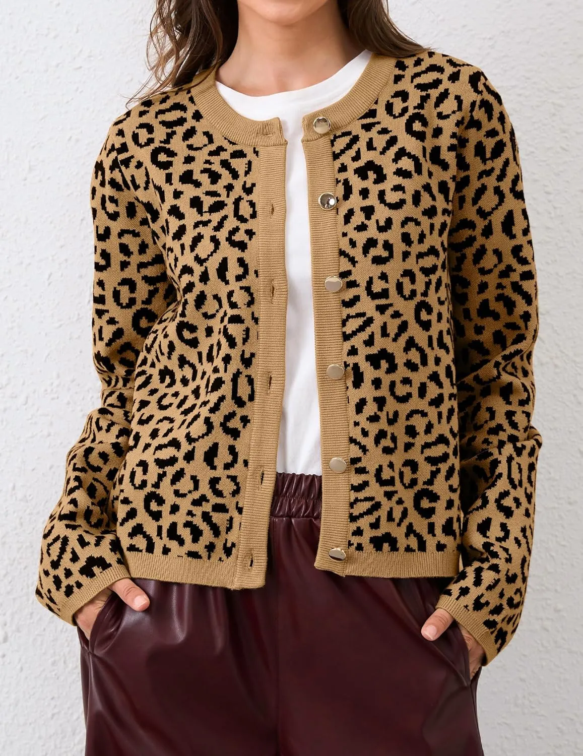 Leopard Cardigan Long Sleeve Open Front Button Up Cheetah Print Top Leopard Sweater Coat Cropped Cardigan Jackets
