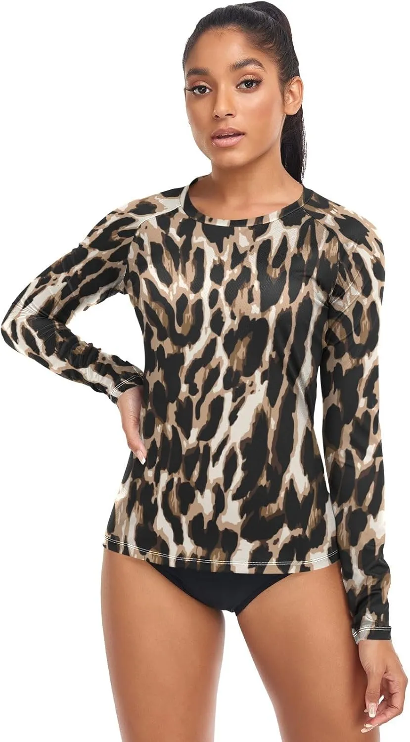 Leopard Print Women's Rash Guard Shirts Long Sleeve Swim Shirt for Women UV Sun Protection Quick Dry Swimsuit Sun Shirt