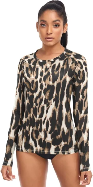Leopard Print Women's Rash Guard Shirts Long Sleeve Swim Shirt for Women UV Sun Protection Quick Dry Swimsuit Sun Shirt