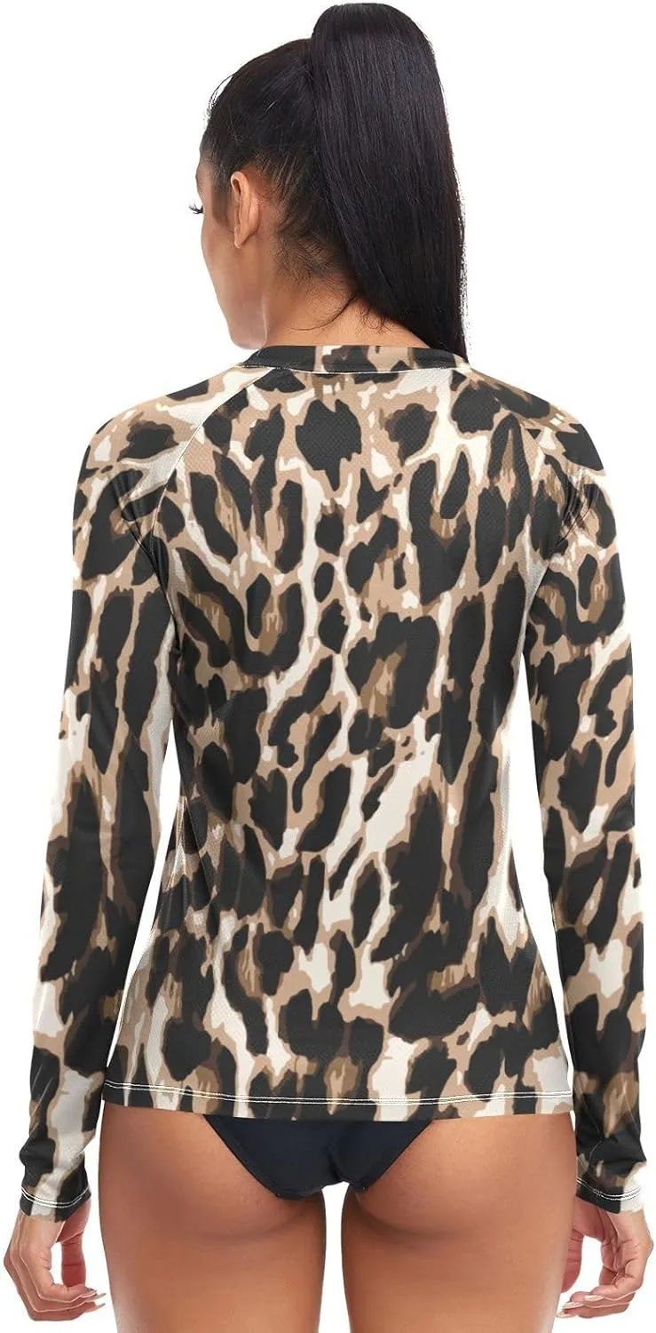 Leopard Print Women's Rash Guard Shirts Long Sleeve Swim Shirt for Women UV Sun Protection Quick Dry Swimsuit Sun Shirt