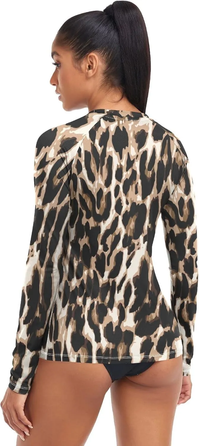 Leopard Print Women's Rash Guard Shirts Long Sleeve Swim Shirt for Women UV Sun Protection Quick Dry Swimsuit Sun Shirt