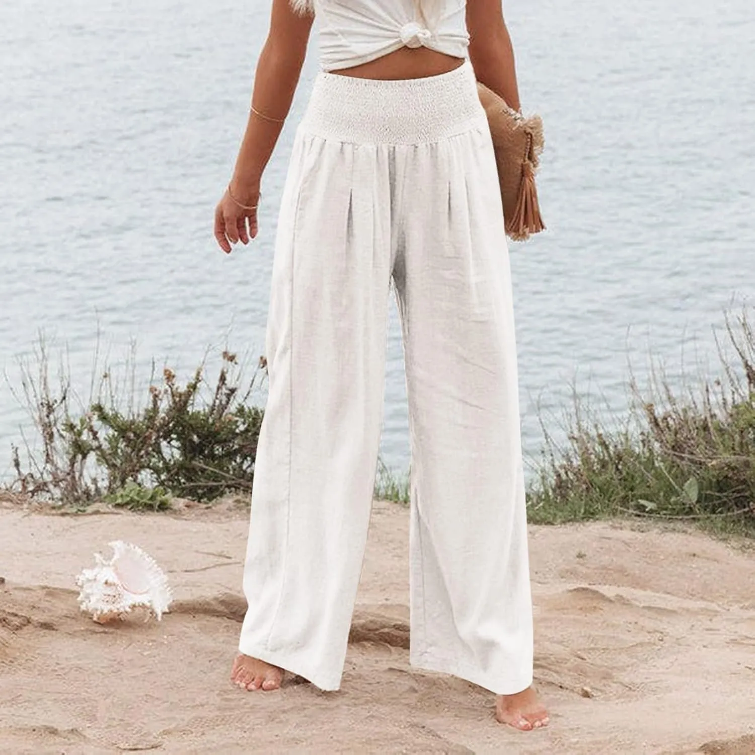 Linen Palazzo Pants Women 2025 Wide Leg Long Lounge Pant Summer High Waisted Loose Cotton Trousers with Pockets