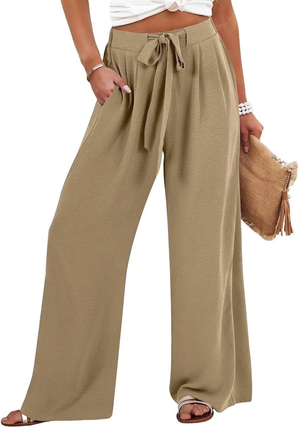 Linen Pants for Women 2025 Summer High Waisted Wide Leg Palazzo Pants Casual Loose Flowy Beach Trousers with Pockets