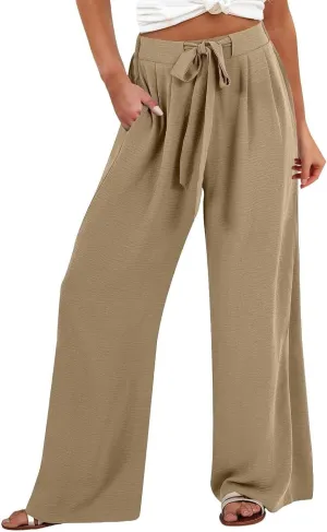 Linen Pants for Women 2025 Summer High Waisted Wide Leg Palazzo Pants Casual Loose Flowy Beach Trousers with Pockets