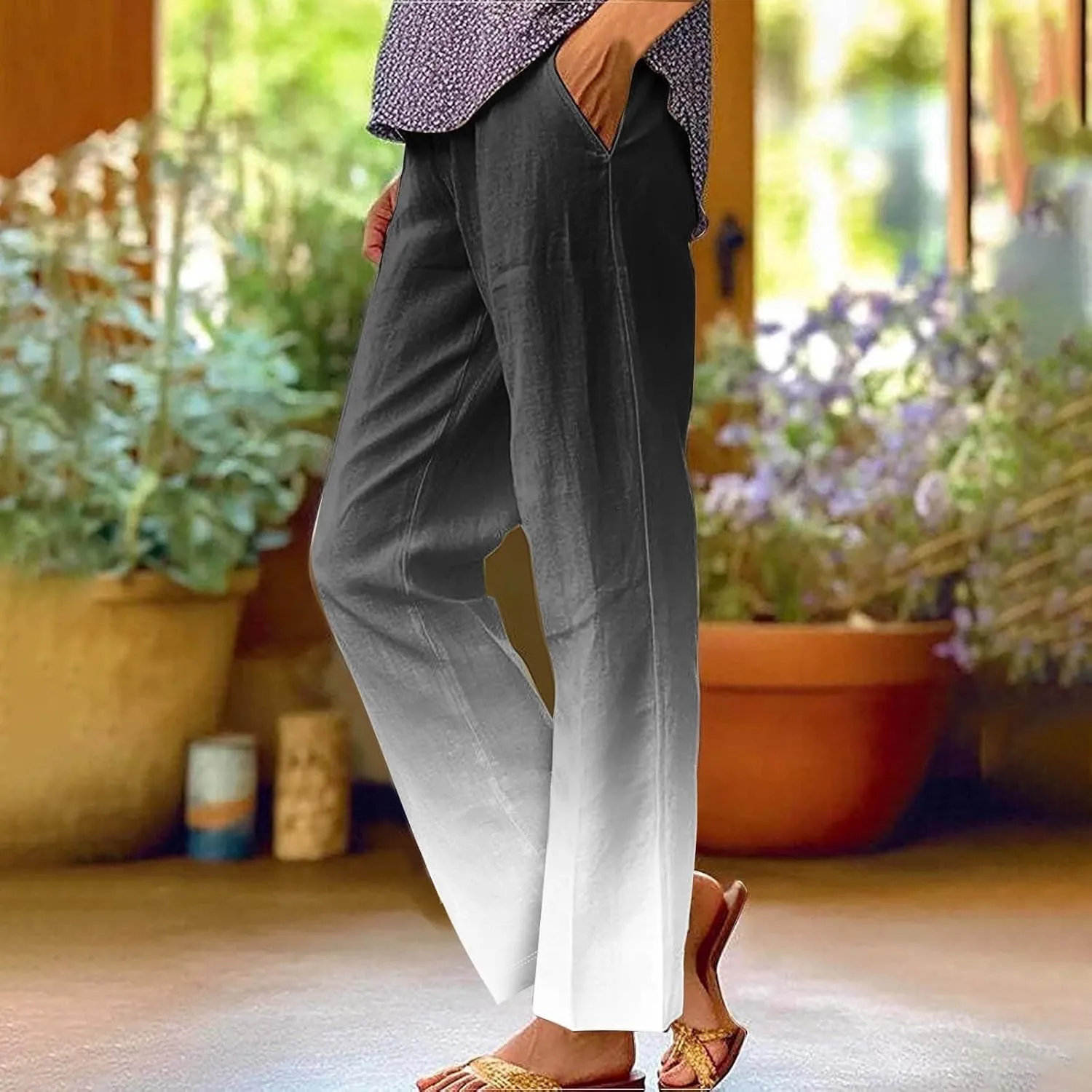 Linen Pants for Women Casual Loose High Waist Wide Leg Palazzo Pants 2025 Summer Boho Floral Flowy Beach Trousers