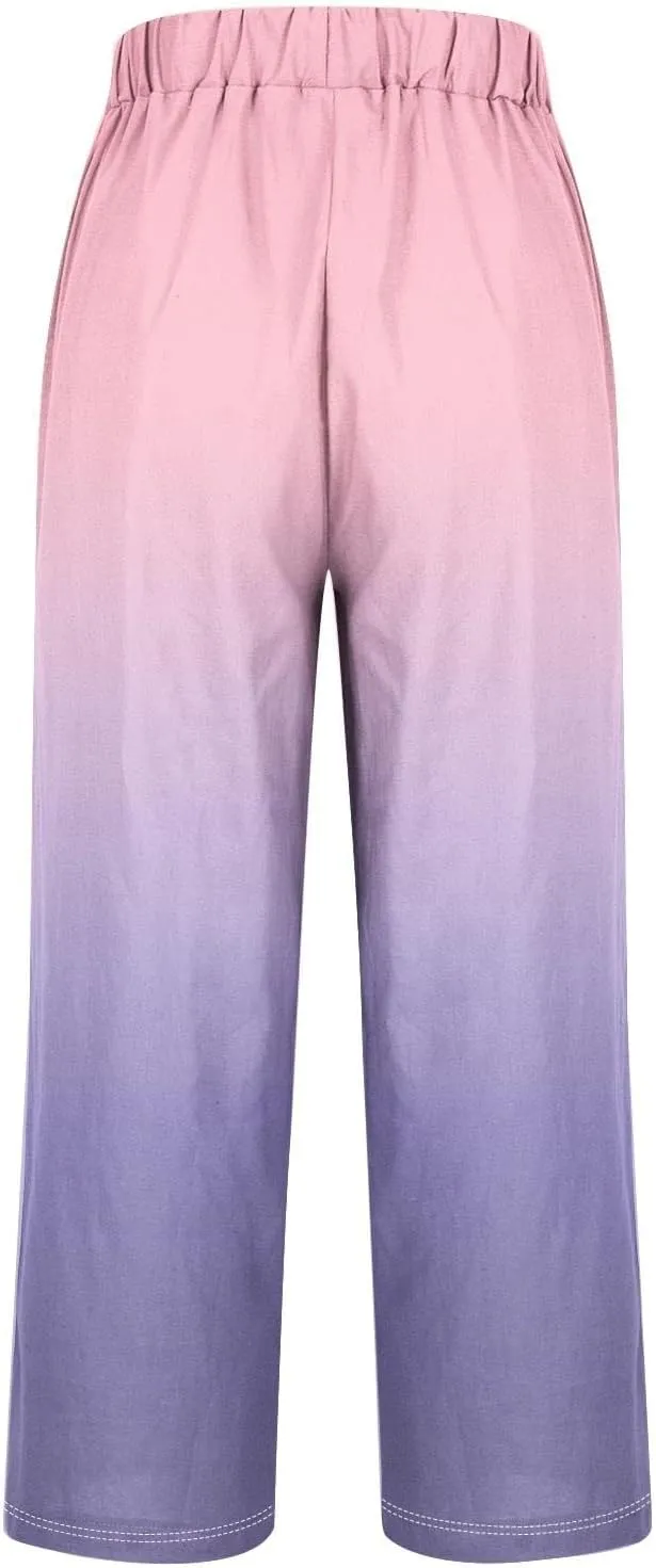 Linen Pants for Women Casual Loose High Waist Wide Leg Palazzo Pants 2025 Summer Boho Floral Flowy Beach Trousers