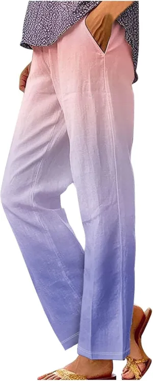 Linen Pants for Women Casual Loose High Waist Wide Leg Palazzo Pants 2025 Summer Boho Floral Flowy Beach Trousers