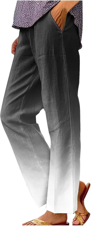 Linen Pants for Women Casual Loose High Waist Wide Leg Palazzo Pants 2025 Summer Boho Floral Flowy Beach Trousers