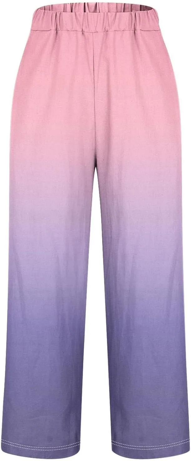 Linen Pants for Women Casual Loose High Waist Wide Leg Palazzo Pants 2025 Summer Boho Floral Flowy Beach Trousers