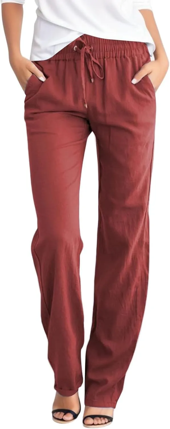 Linen Pants for Women High Waist Casual Wide Leg Pants Drawstring Summer Pants with Pockets Beach Palazzo Pants Trousers, X-Large, #A9-wine