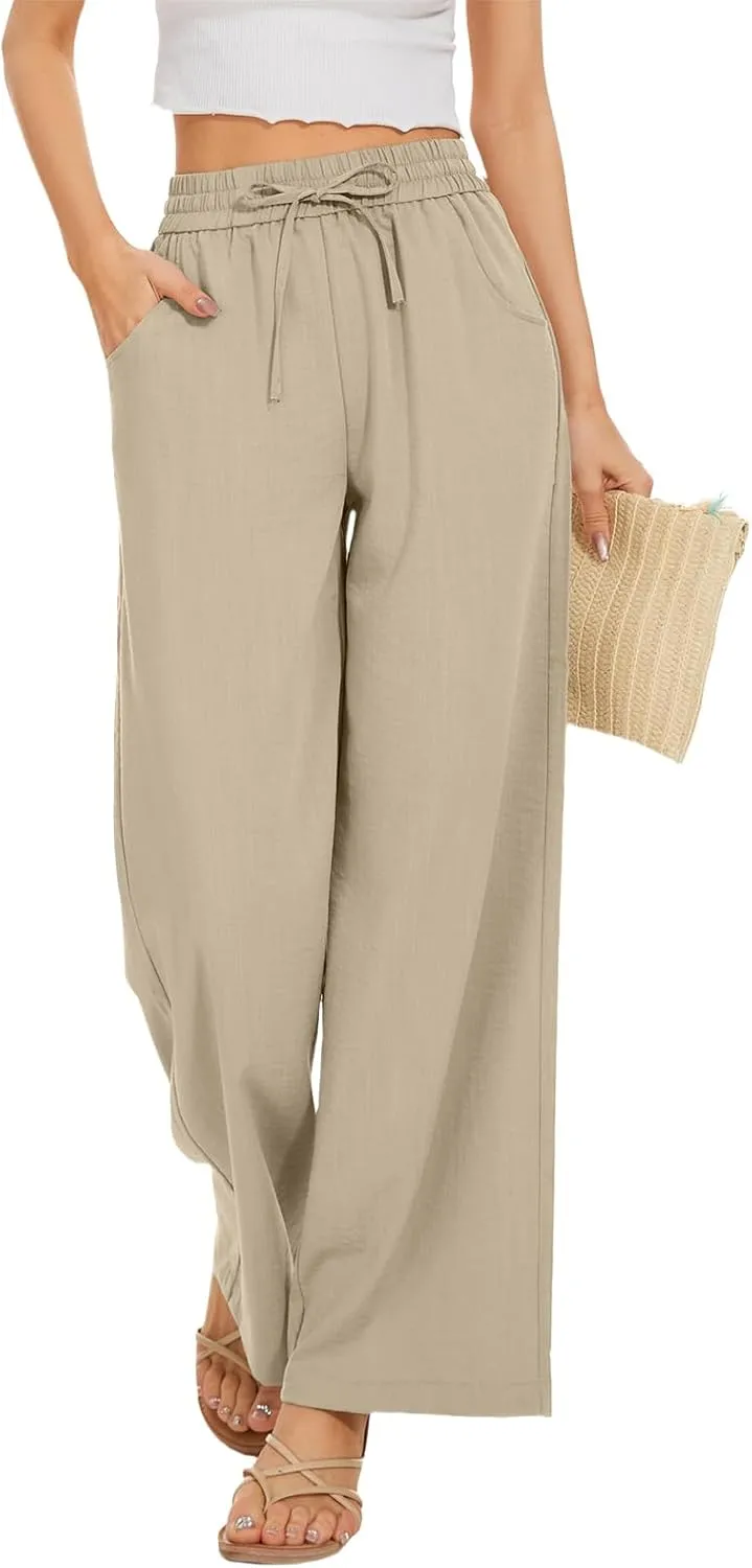 Linen Pants for Women High Waist Drawstring Pants Wide Leg Lounge Pant Summer Beach Flowy Palazzo Trousers