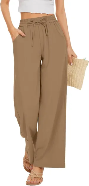 Linen Pants for Women High Waist Drawstring Pants Wide Leg Lounge Pant Summer Beach Flowy Palazzo Trousers
