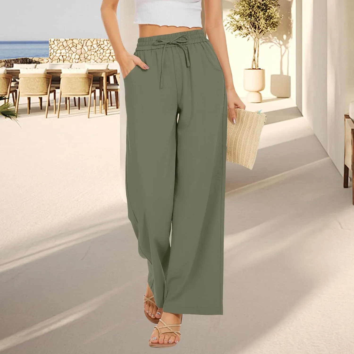Linen Pants for Women High Waist Drawstring Pants Wide Leg Lounge Pant Summer Beach Flowy Palazzo Trousers