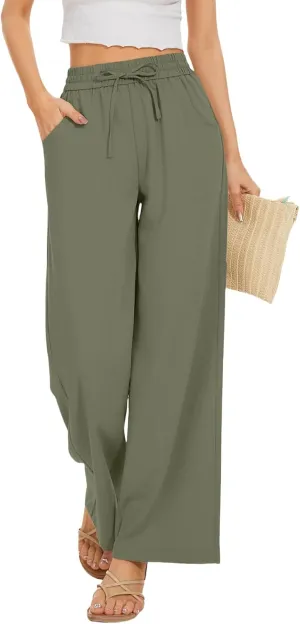 Linen Pants for Women High Waist Drawstring Pants Wide Leg Lounge Pant Summer Beach Flowy Palazzo Trousers