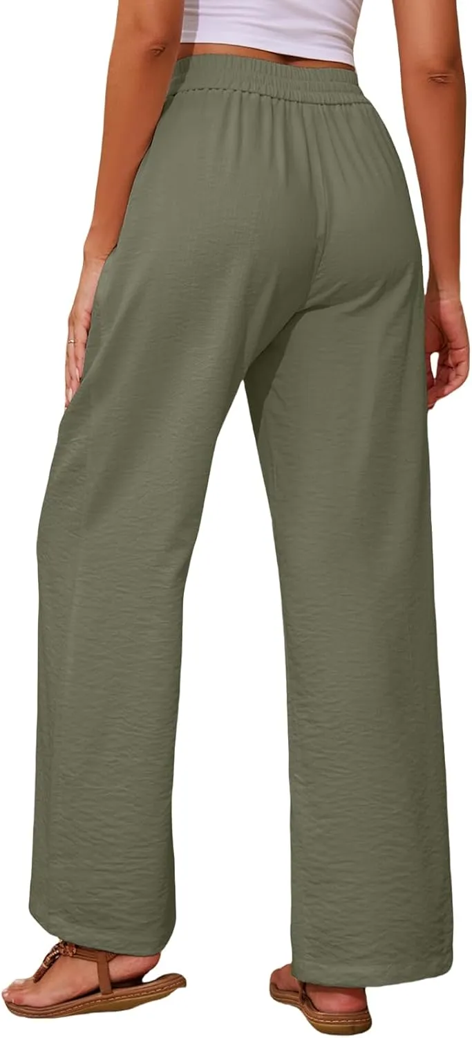 Linen Pants for Women High Waist Drawstring Pants Wide Leg Lounge Pant Summer Beach Flowy Palazzo Trousers