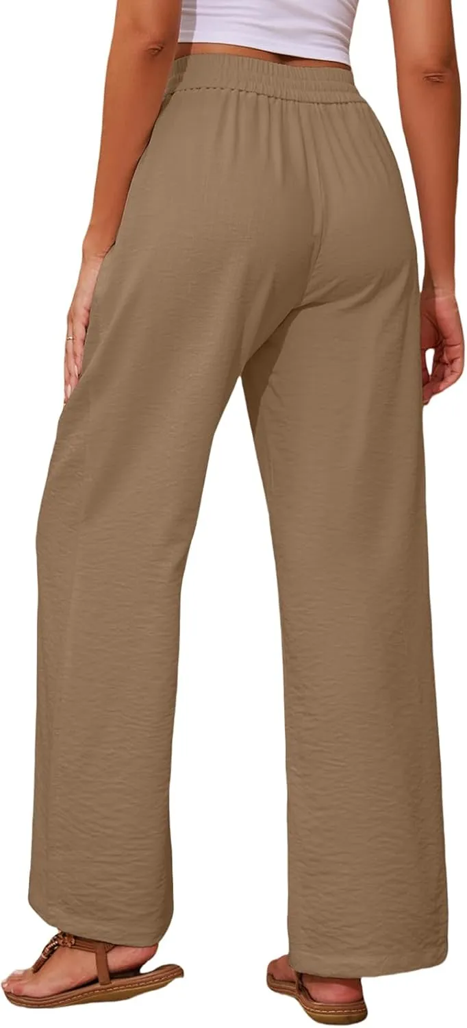 Linen Pants for Women High Waist Drawstring Pants Wide Leg Lounge Pant Summer Beach Flowy Palazzo Trousers