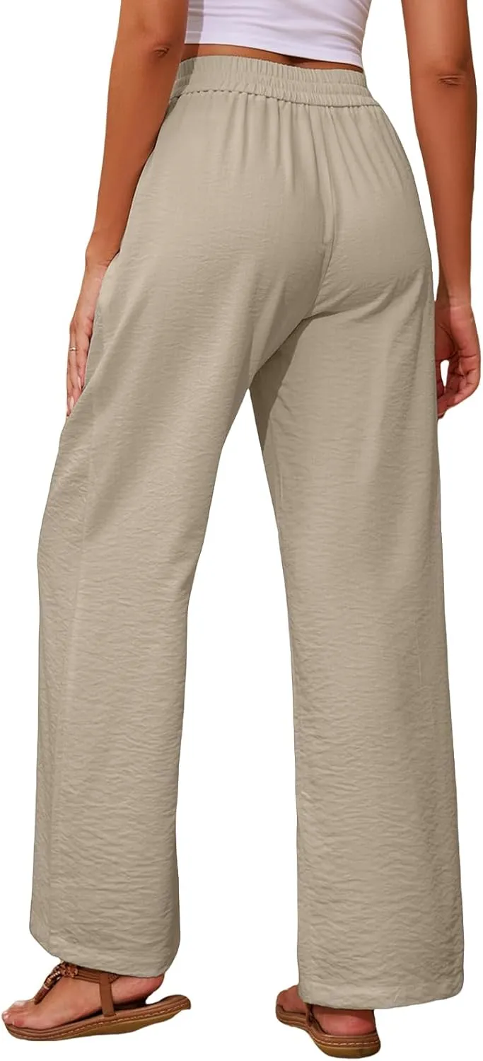 Linen Pants for Women High Waist Drawstring Pants Wide Leg Lounge Pant Summer Beach Flowy Palazzo Trousers