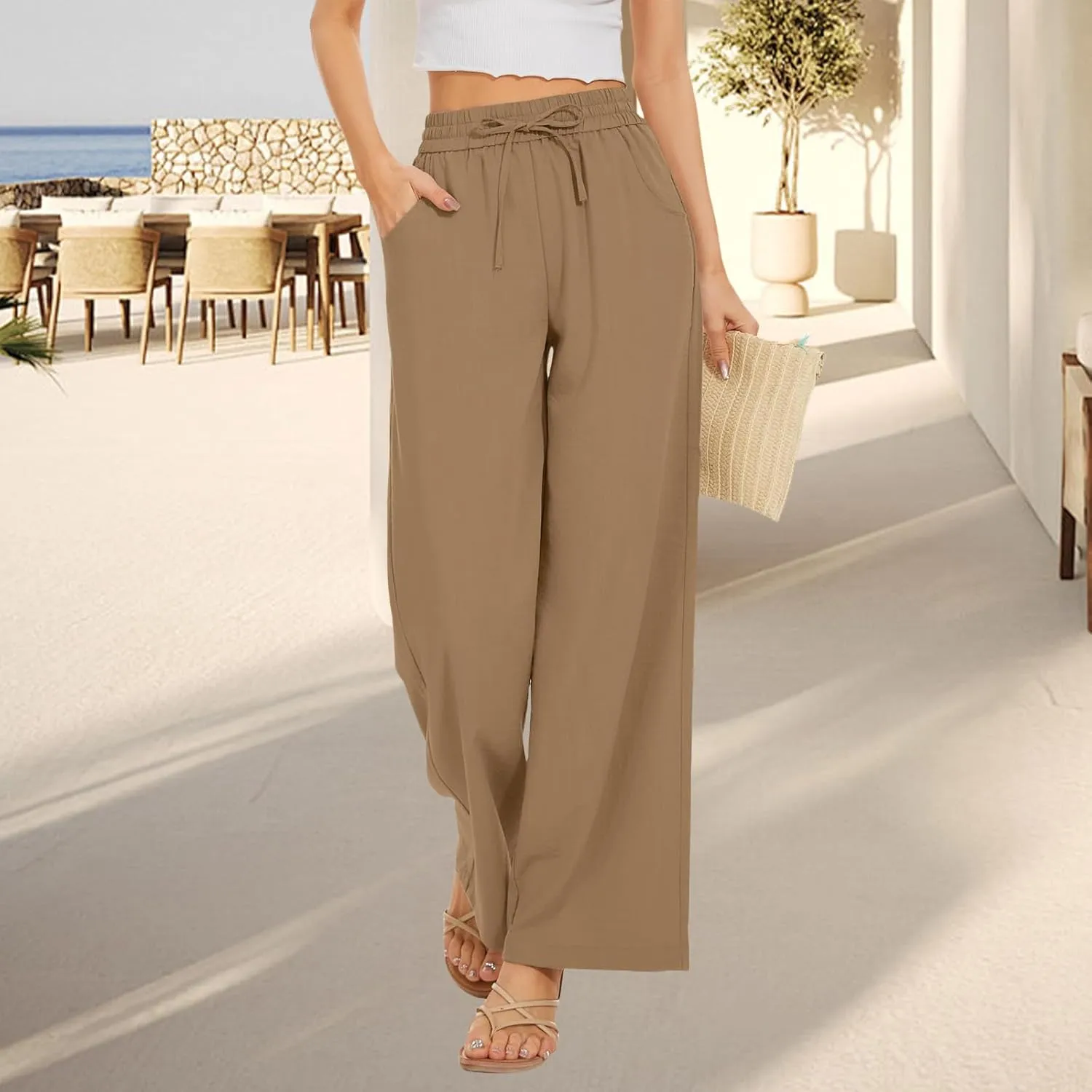 Linen Pants for Women High Waist Drawstring Pants Wide Leg Lounge Pant Summer Beach Flowy Palazzo Trousers