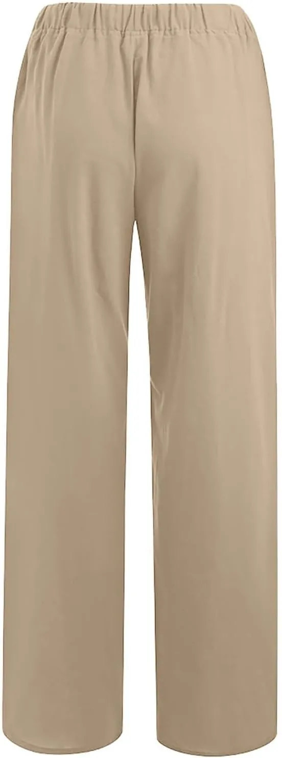 Linen Pants Women High Waisted Wide Leg Pants Drawstring Loose Fit Summer Trousers Beach Resort Wear 2025