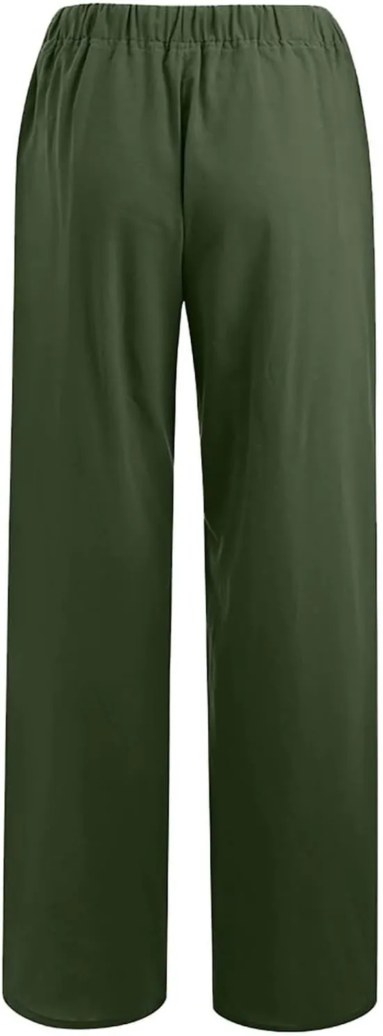 Linen Pants Women High Waisted Wide Leg Pants Drawstring Loose Fit Summer Trousers Beach Resort Wear 2025