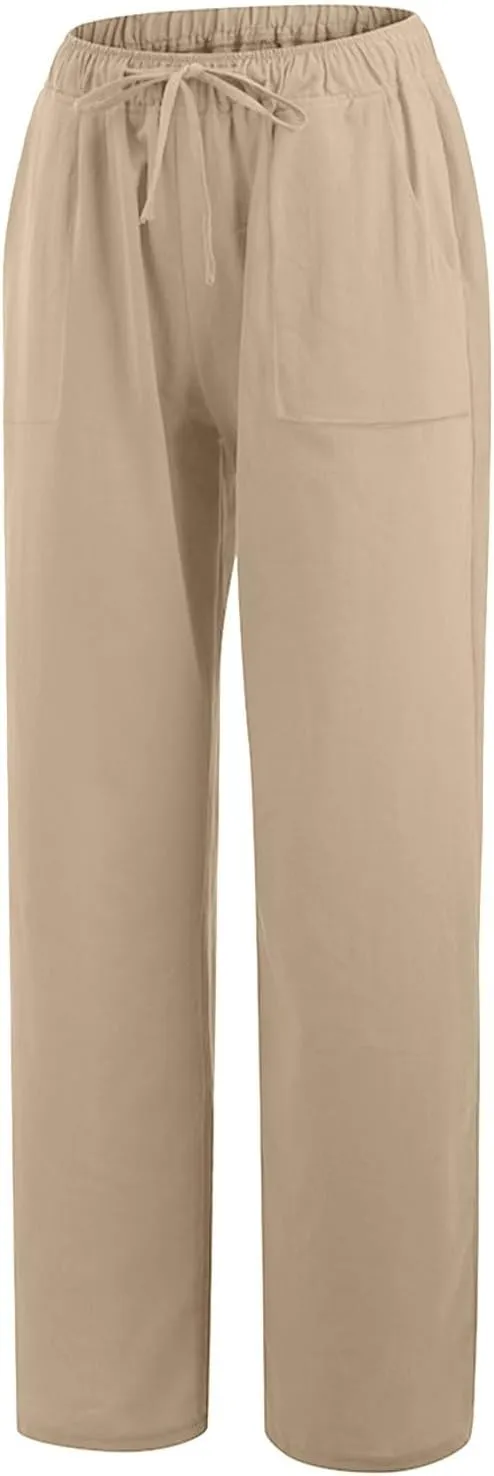 Linen Pants Women High Waisted Wide Leg Pants Drawstring Loose Fit Summer Trousers Beach Resort Wear 2025
