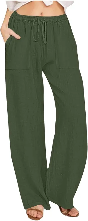 Linen Pants Women High Waisted Wide Leg Pants Drawstring Loose Fit Summer Trousers Beach Resort Wear 2025