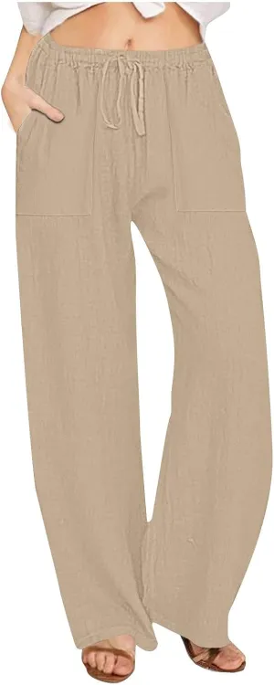 Linen Pants Women High Waisted Wide Leg Pants Drawstring Loose Fit Summer Trousers Beach Resort Wear 2025