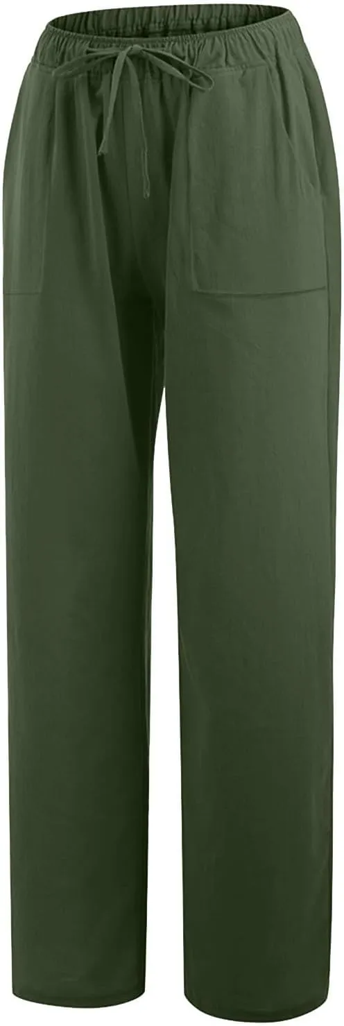 Linen Pants Women High Waisted Wide Leg Pants Drawstring Loose Fit Summer Trousers Beach Resort Wear 2025