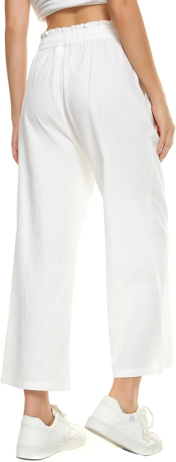 LNX Womens Wide Leg Linen Pants High Waisted Drawstring Flowy Casual Crop Trousers with Pockets