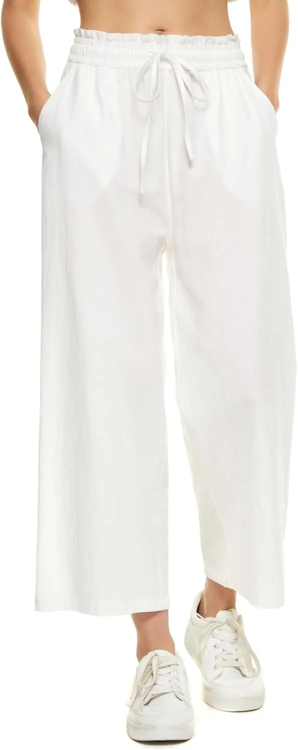 LNX Womens Wide Leg Linen Pants High Waisted Drawstring Flowy Casual Crop Trousers with Pockets