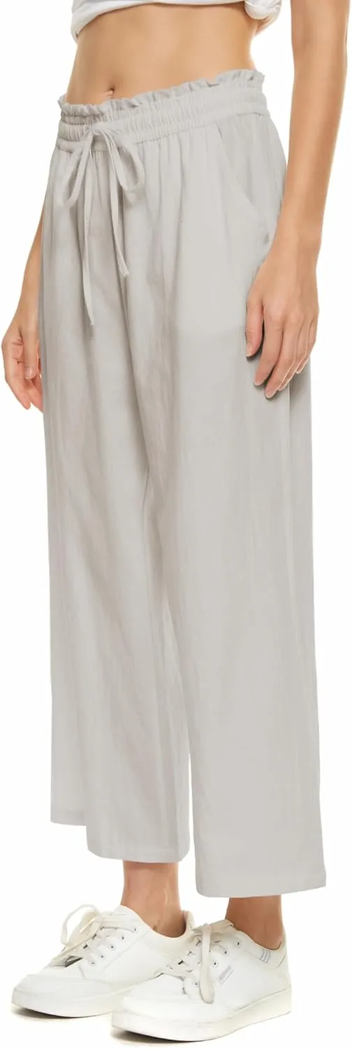 LNX Womens Wide Leg Linen Pants High Waisted Drawstring Flowy Casual Crop Trousers with Pockets