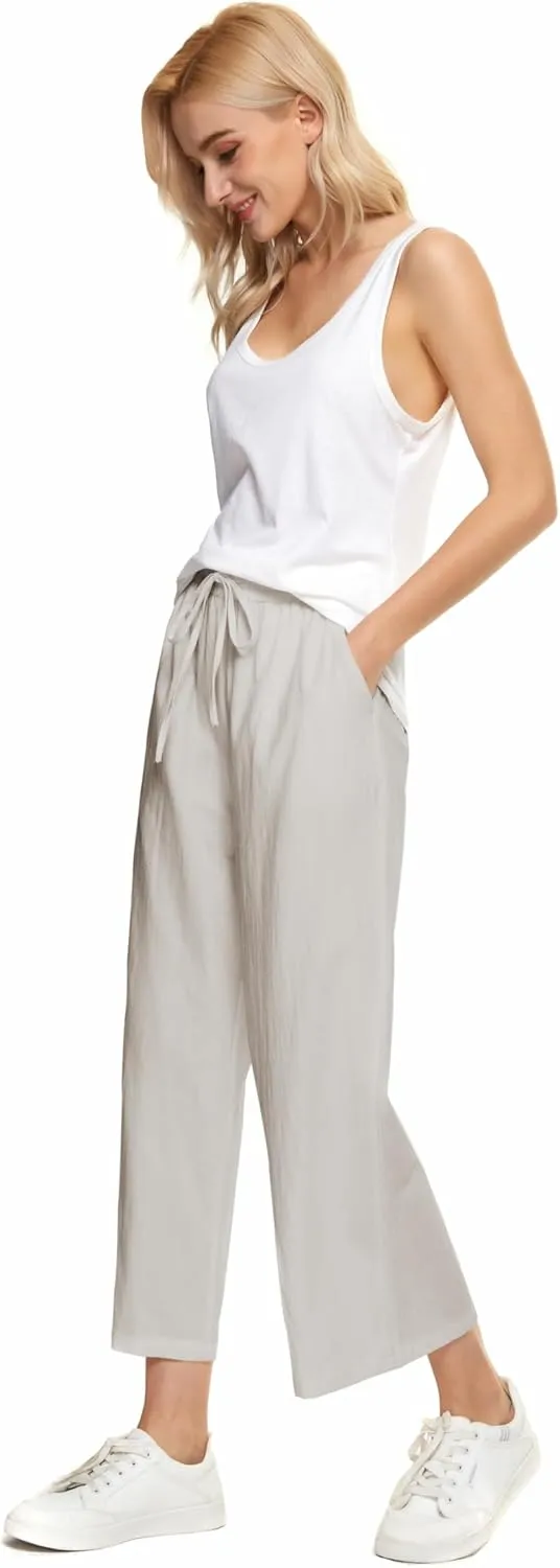 LNX Womens Wide Leg Linen Pants High Waisted Drawstring Flowy Casual Crop Trousers with Pockets
