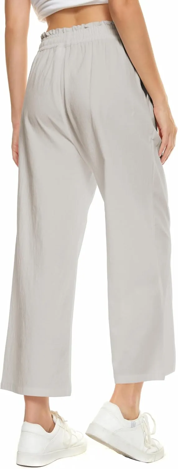 LNX Womens Wide Leg Linen Pants High Waisted Drawstring Flowy Casual Crop Trousers with Pockets