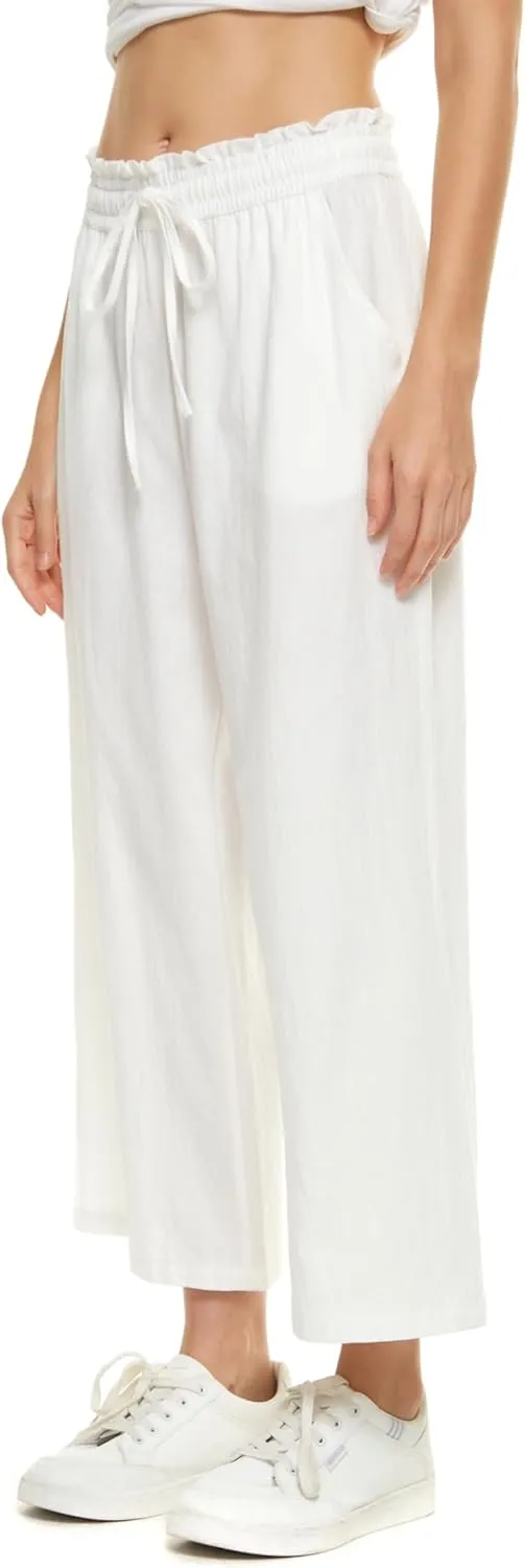 LNX Womens Wide Leg Linen Pants High Waisted Drawstring Flowy Casual Crop Trousers with Pockets