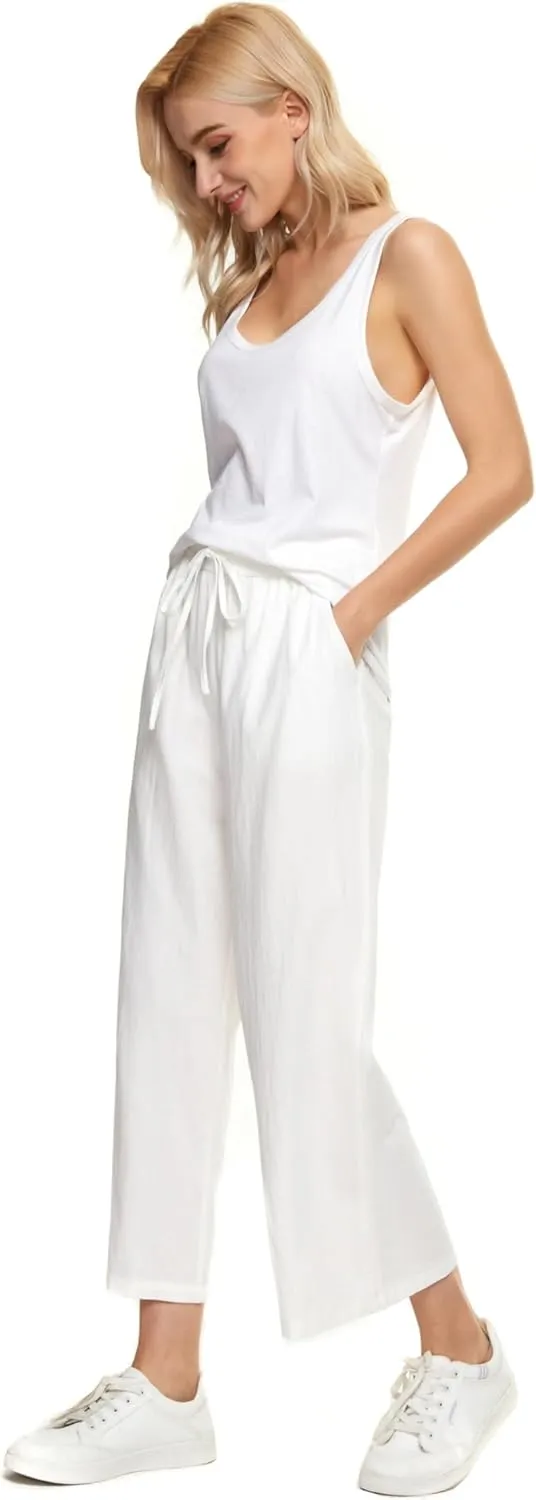 LNX Womens Wide Leg Linen Pants High Waisted Drawstring Flowy Casual Crop Trousers with Pockets